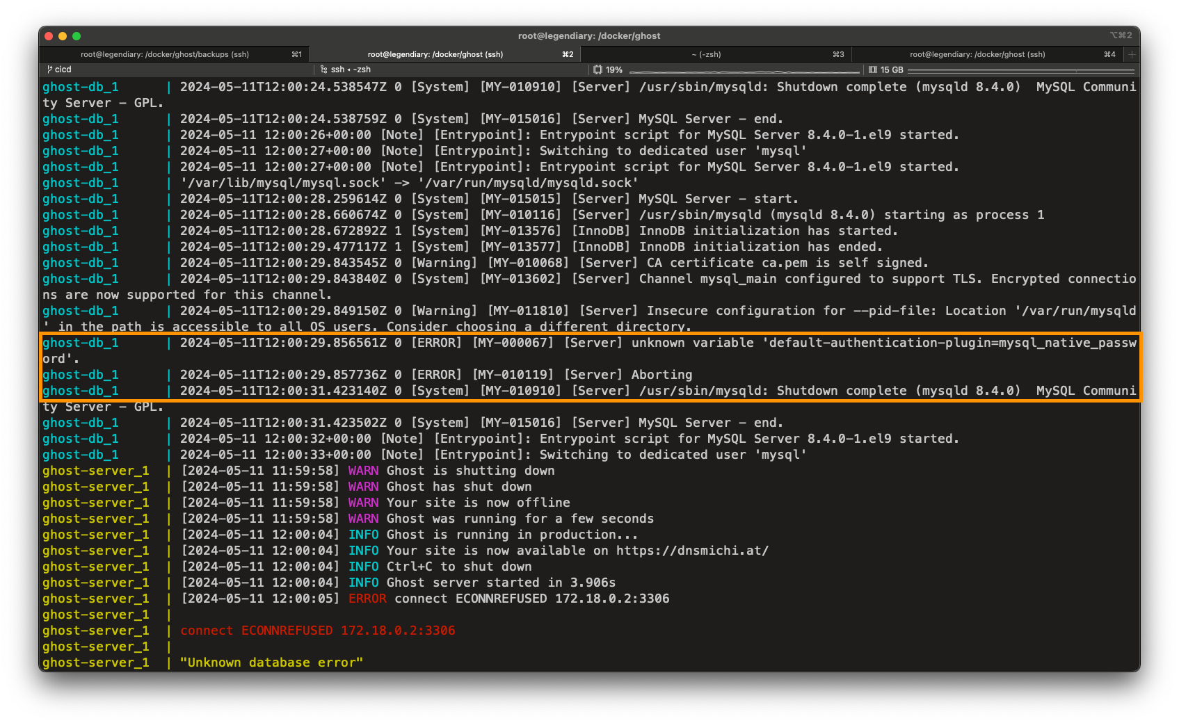 Docker Compose with Ghost and MySQL 8.4,  mysql_native_password startup errors - mitigation and solution